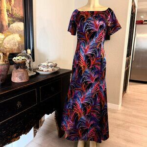 custom made EVENING DRESS wide boat neck short sleeve form fit maxi length